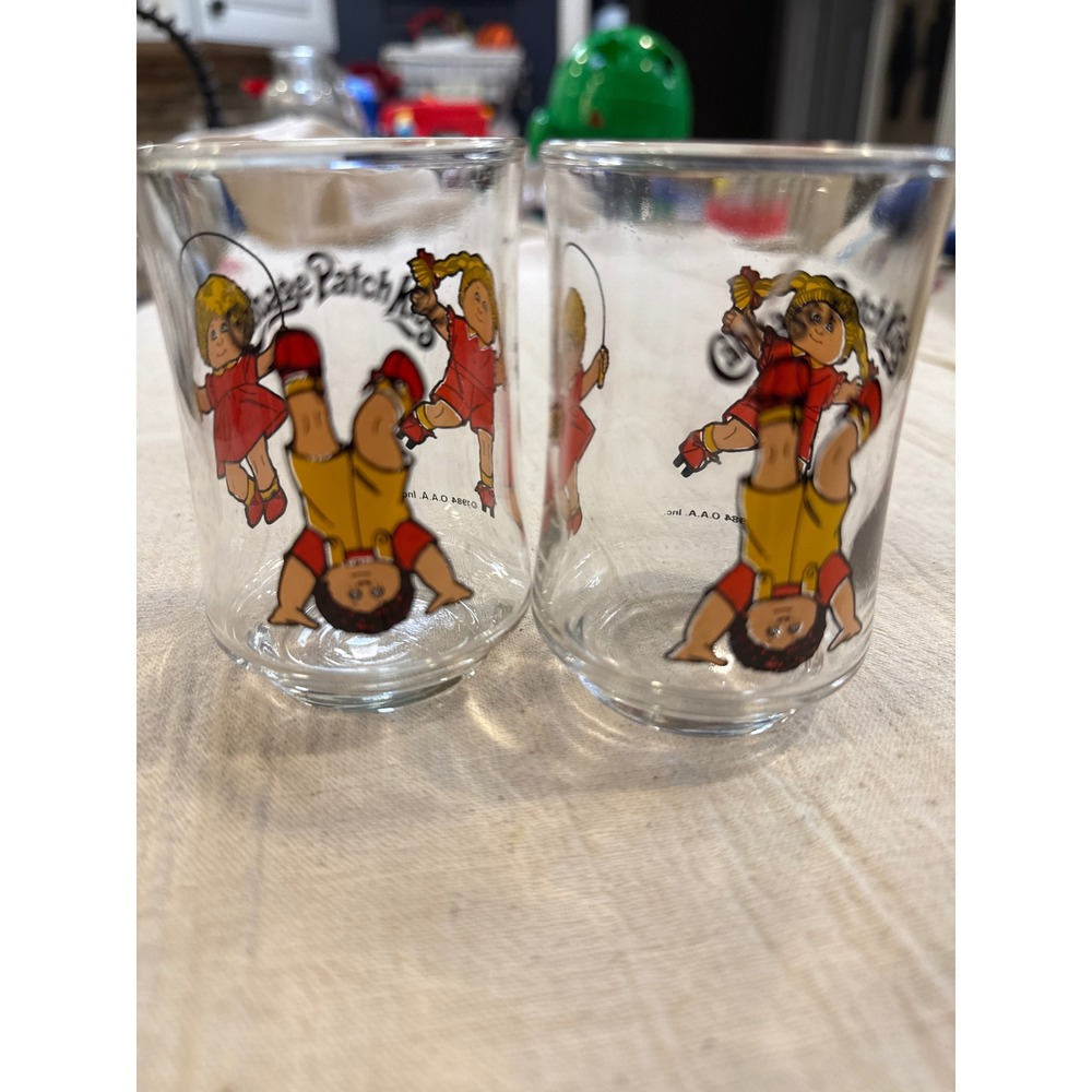 Vintage 1984 Cabbage Patch Kids Juice Glasses Set of 2 Clear Retro 80s Tumblers
